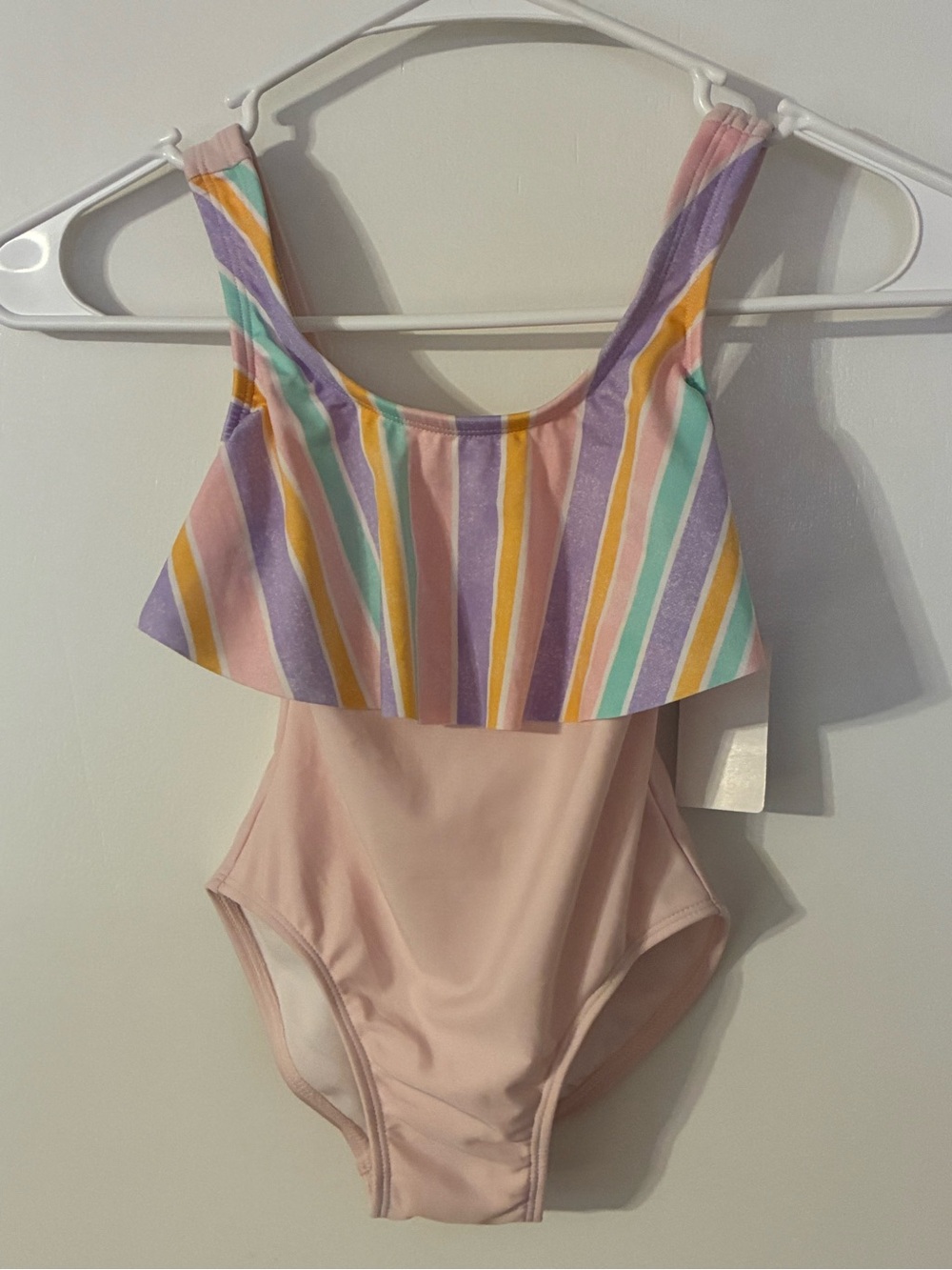 Girls Pink One-Piece Swimsuit with Colorful Striped Ruffle